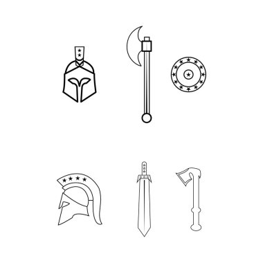 Set of ancient Greek spartan weapon and protective equipment. Spear, sword, kyphos, shield, axe, helmet, leggings. Warrior outfit Vector illustration