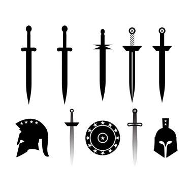 Set of ancient greet spartan weapon and protective equipment. Spear, sword, kyphos, shield, axe, helmet, leggings. Warrior outfit Vector illustration