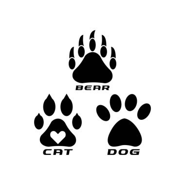 Farklı bir hayvan pençesi. Pençe izleri. Siyah Pençe. Paw ikon vektör çizimi beyaz arkaplanda izole edildi. Köpek, kedi, ayı, kurt. Bacaklar. Ayak izleri.
