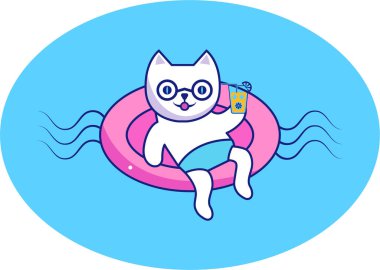  Kedi karakteri. Gökyüzünün mavi arka planında sevimli beyaz bir kedi yavrusu.