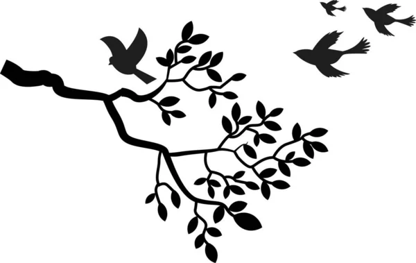 Branche Arbre Aux Feuilles Oiseaux Perchés Volant Silhouette Noire Blanche — Image vectorielle