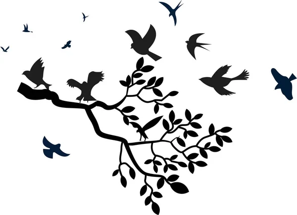 Branche Arbre Avec Feuilles Oiseaux Perchés Volant Avec Silhouette Noire — Image vectorielle