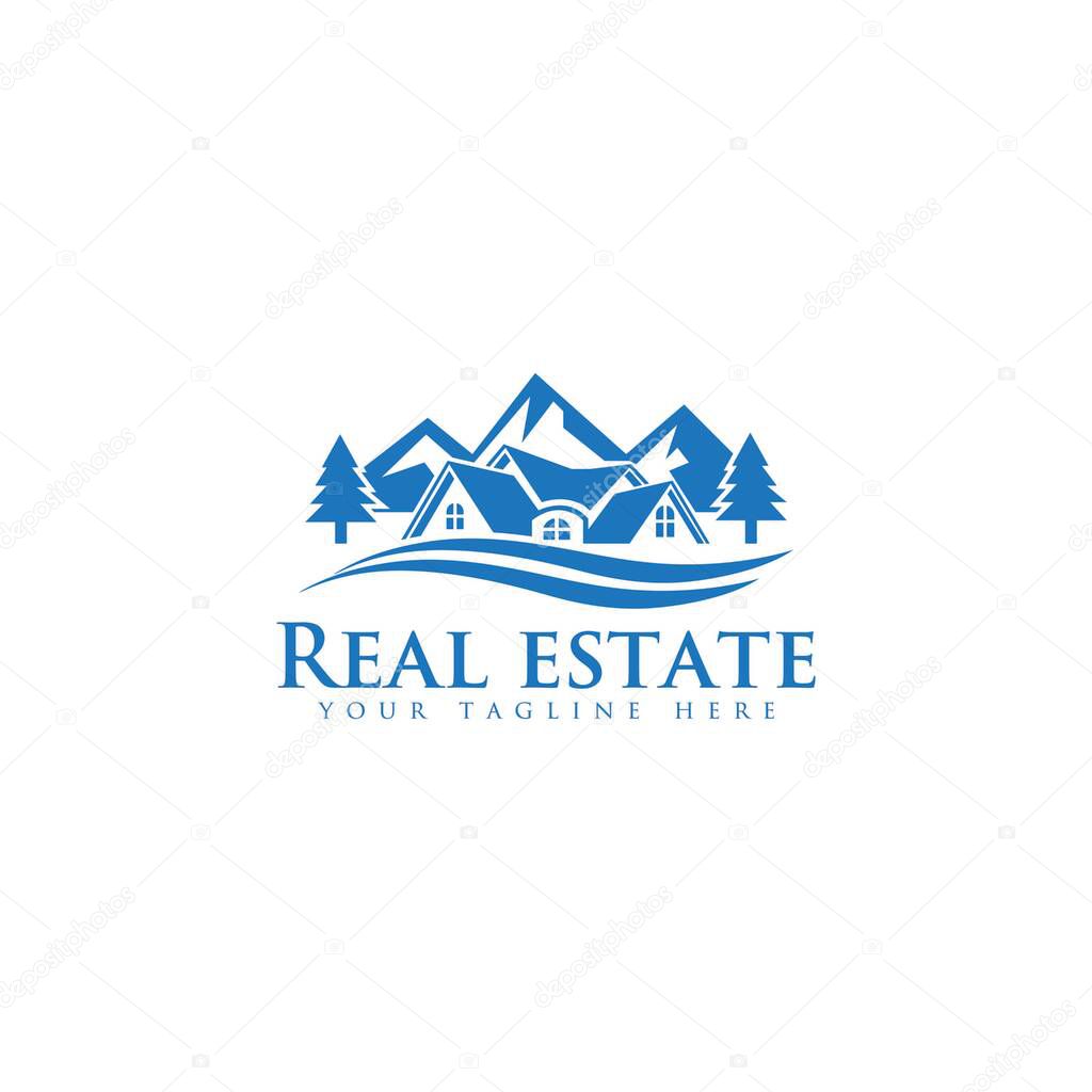 Logo design template for house rental on the lake. home logo construction. Vector illustration