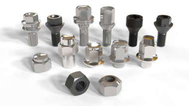 Araba tekerleği civataları ve somunları beyaz arka planda izole edilmiş. 3B illüstrasyon.