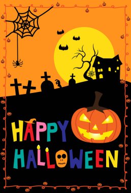 Happy Halloween colorful font with jack o' lantern pumpkin vector. The haunted house, graves, monster tree, idle hand, spider web, bats and moon is background with frame of pumpkins hand drawn line.