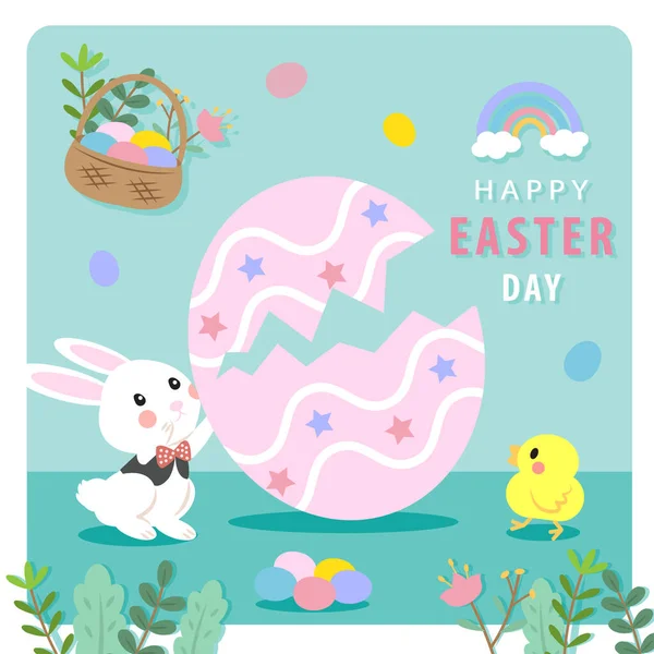 Let Celebrate Happy Easter Day Cute Easter Rabbit Chick Playing — Stockvector