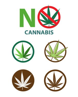 Cannabis leaf in warning sign and logo design set vector isolated on white background. Cannabis, ganja, marijuana, marihuana, hash, hemp leaf in stop and warning sign. Cannabis clip art, icon set. Botanical and logo design concept illustration.