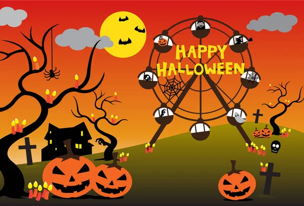 Happy Halloween Fun Park Vector Dracula Witch Ghost Pumpkin Skull — Vetor de Stock