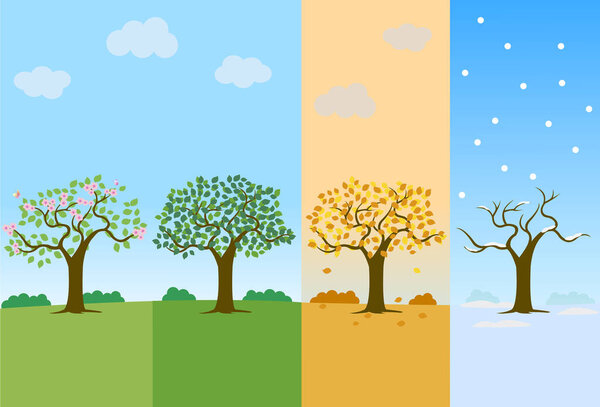 Дерево в четыре сезона года весна, лето, осень, осень и зима векторные иллюстрации сезона. Пейзаж пейзажа четырех сезонов. Ручной рисунок.