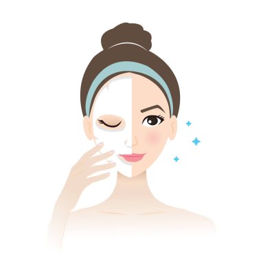 Tatlı kadın beyaz arka planda izole edilmiş yüz maskesi vektörünü kaldırıyor. Kullanım maskesinin basamağı, yüzün üstüne koy, sonra çıkar ve güzel deriyi ortaya çıkar. Bakım konsepti illüstrasyonunun nasıl ve nasıl.