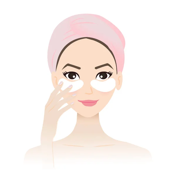 可爱的女人在眼部皱纹和眼部皱纹下治疗 并在面部向量上贴上眼罩补丁 在白色背景下隔离 眼罩能减少眼部的浮肿 质感和细纹 皮肤护理和美容概念说明 — 图库矢量图片