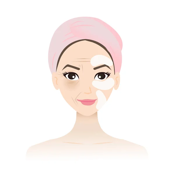 Mujer Linda Aplicar Parches Mascarilla Facial Cara Cansada Vector Piel — Archivo Imágenes Vectoriales