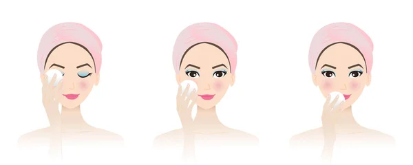 一组从可爱的女性面部矢量上提取的卸妆液 在白色背景上被分离出来 卸妆步骤 睫毛膏 唇彩用棉垫 皮肤护理和美容概念说明 — 图库矢量图片