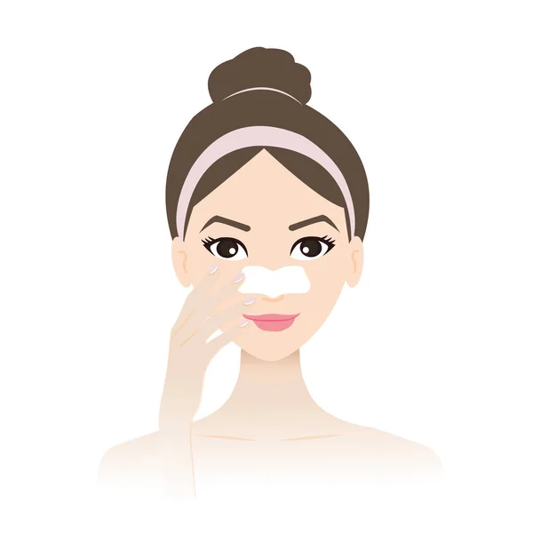 可爱的女人把毛孔带贴在她的鼻腔矢量上 在白色背景上孤立 鼻孔贴片去除黑头 深层清洁和清除鼻子上的堵塞毛孔 皮肤护理和美容概念 — 图库矢量图片