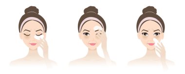 Beyaz arka planda izole edilmiş göz tedavisi maskesi vektörü için yön. Kadın yorgun yüz derisine göz maskesi bandı yapıştırıyor. Alnında kırışıklıklar, karga ayakları, koyu çember ve gülümseme çizgileri var..