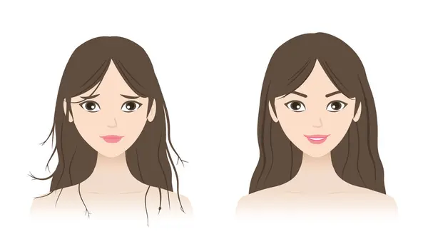 stock vector Comparison of split ends and healthy hair vector illustration isolated on white background. The woman with baby split, y split, incomplete, knot and strong, supple, shiny hair. Hair care concept.