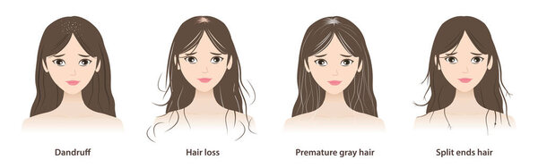 The cute women with hair problems vector illustration isolated on white background. Dandruff, white dry flaky, scaly scalp, hair loss, alopecia, premature gray hair and split ends hair.