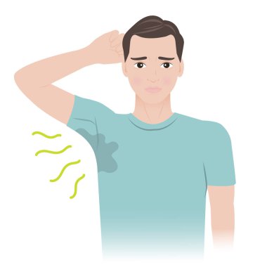 Vücut kokusu sorunlu vektör çizimi olan adam. Adam terliyor ve koltukaltlarından kötü kokular geliyor. Vücut kokusu, bakteri ve ter karışımından kaynaklanıyor..