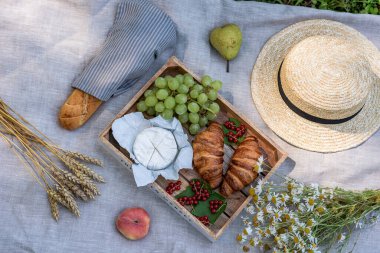 Summer picnic on the grass, bakery, fruits. Rest time, healthy food concept