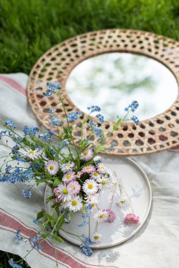 Summer Flowers Sky in Mirror Background Nature Concept Green Grass 