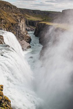 Amazing Gullfoss Waterfall in Iceland, Sunny Day, Golden Fall