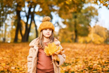 Küçük Çocuk Beyaz Kız Yaprak Sonbahar Bahçesiyle Park 'ta Yürüyor Altın Sonbahar Bahçesinden Çıktı