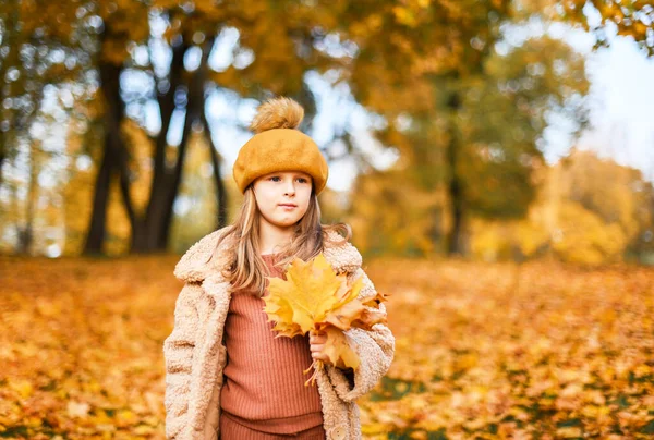 小さな子供の赤ん坊の少女コーカサスは葉の自然の庭が黄金の秋を残して公園を歩いています — ストック写真