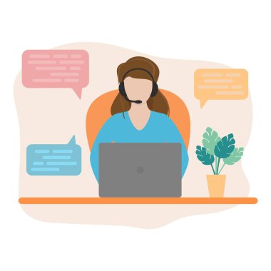 Vector illustration. A girl with a computer in headphones. Call Center Operator