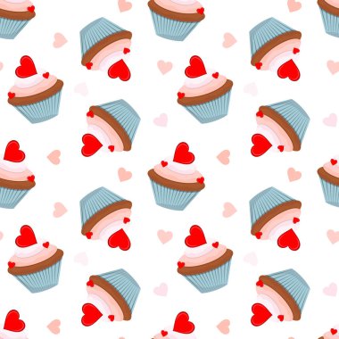Vector seamless pattern. Valentine s day. Cupcakes with hearts