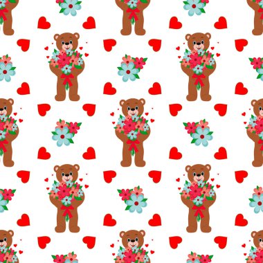 Vector seamless pattern. Teddy bear with a bouquet of flowers