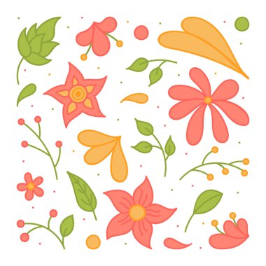 Collection of simple hand-drawn elements. Nature, plants, flowers and leaves. Elements for vector illustration. Spring and summer