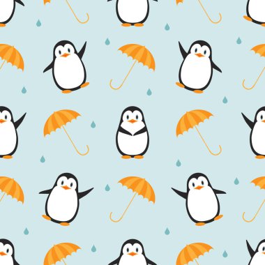 Vector seamless pattern. Funny penguins with umbrellas. Children s print.
