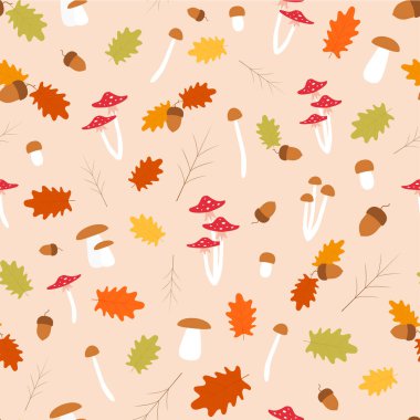 Vector autumn seamless pattern with leaves, acorns, mushrooms.
