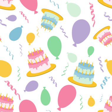 Vector seamless pattern. Birthday. Cakes balls and streamers