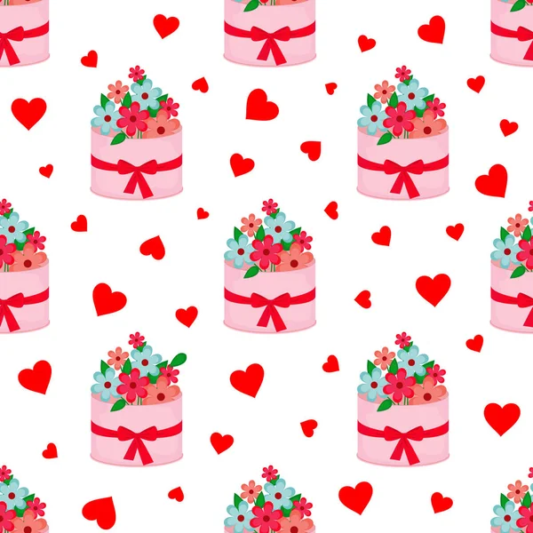 Vector Seamless Pattern Basket Flowers Heart Holiday — Διανυσματικό Αρχείο