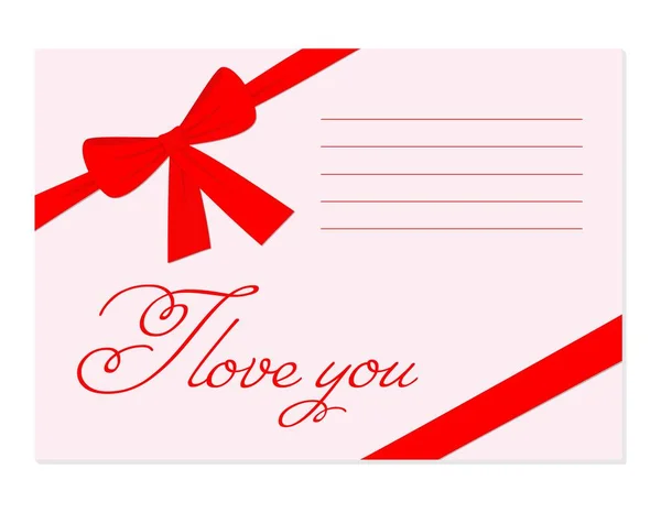 Vector Illustration Envelope Red Bow Ribbon Greeting Card Love You — Vetor de Stock