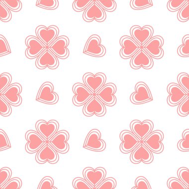 Vector seamless pattern on a white background. Pink hearts. Abstract flowers.