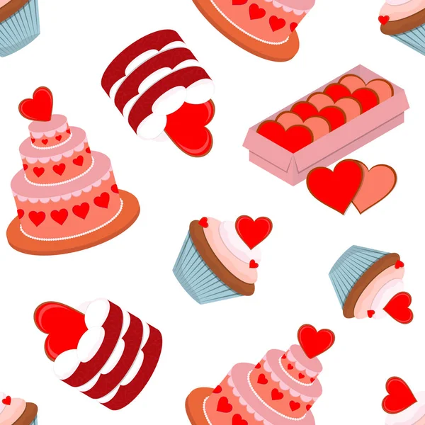 Vector Seamless Pattern Sweet Desserts Valentine Day Cakes Cupcakes Cakes — Archivo Imágenes Vectoriales