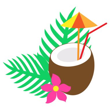 Vector summer illustration. Tropical coconut cocktail. Print.
