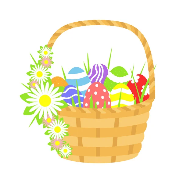 Vektorová Ilustrace Velký Koš Velikonočními Vejci Květinami Klipart Svátky Velikonoc — Stockový vektor