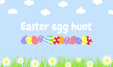 Vector illustration. Easter egg hunt banner design. Blue background, clouds, grass, daisies, Easter eggs. clipart