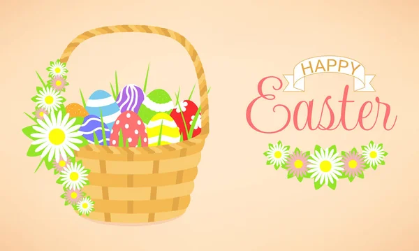 Vektorová Ilustrace Veselý Velikonoční Banner Koš Velikonočními Vejci Květinami — Stockový vektor