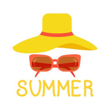 Vektör çizimi. Yaz - el yazısı tasarımı. Plaj şapkası ve güneş gözlükleriyle beyaz bir arkaplanda yazılı..