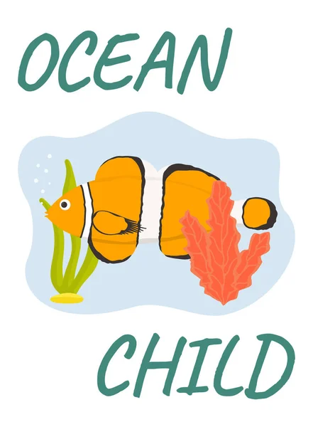 Ilustración Vectorial Plantilla Postal Summer Ocean Child Con Pescado — Vector de stock