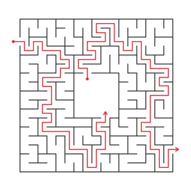Vektör çizimi. Soyut labirent. Doğru yolu bul. Beyaz arkaplanda izole edilmiş basit bir mil kare siyah çizgi