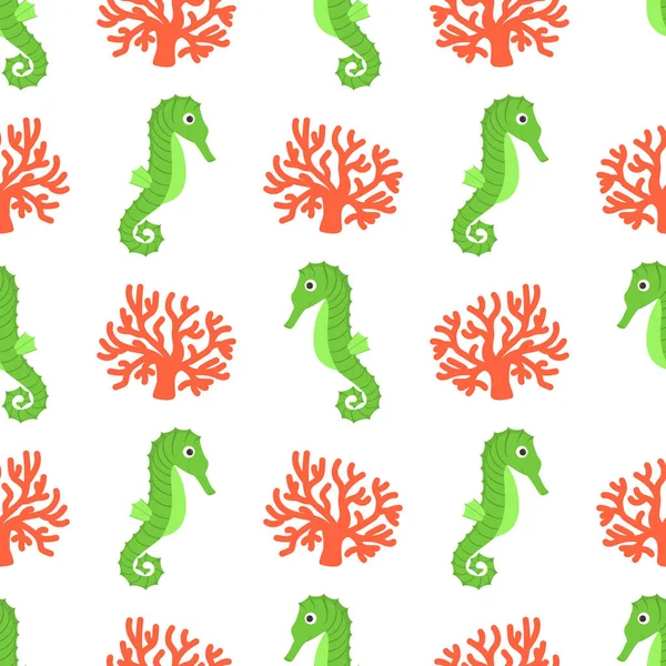 矢量无缝模式 卡通片风格的海马和海藻 — 图库矢量图片