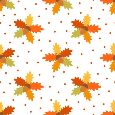 Sonbahar arkaplanı meşe palamudu ve sonbahar meşe yaprakları turuncu, bej, kahverengi ve sarı renklidir. Duvar kağıdı, hediye kağıdı, resim dosyası, web sayfası arkaplanı, sonbahar tebrik kartları için kusursuz desen