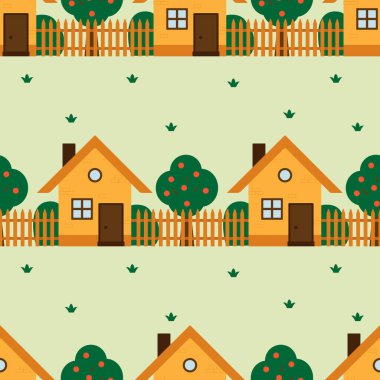 Şirin kır evleri ve ağaçlarla kusursuz bir şablon. Kumaş, tekstil ve giysi için çocuk dokusu. Çocuklar için sonsuz bir geçmiş