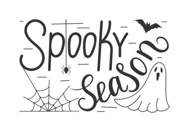 Yarasalar ve örümcek ağı olan ürkütücü sezon harf dizaynı. Cadılar bayramı posteri, afişi, tebrik kartı, davetiye için el yazısı