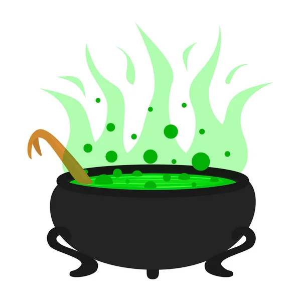 Witch Cauldron Halloween Magic Pot Green Potion Vector Steel Boiler — Wektor stockowy